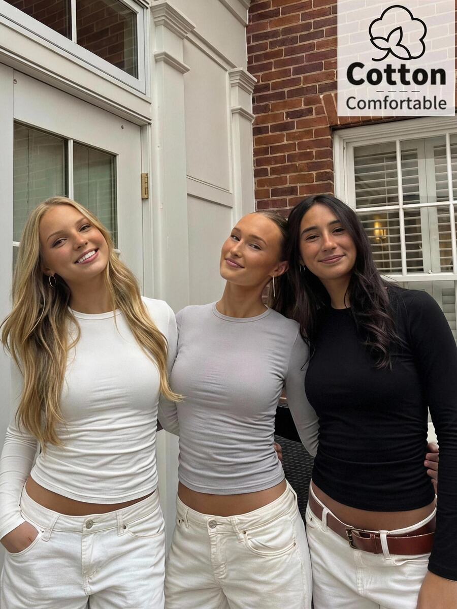 CovetEZ 3PCS Women Round Neck Long Sleeve T-Shirts - Multicolor - View 1
