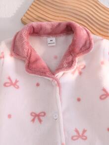 2件組女童舒適柔軟毛絨蝴蝶結印花翻領前開扣長袖長褲睡衣套裝 - 藕粉色 - 查看 3