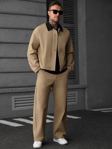 SLATEMANN Men's Casual Long Sleeve Jacket And Pants Set With Snap Buttons - Khaki - View 4