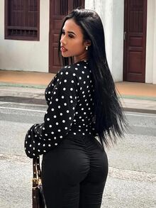 Slaydiva 女款波點V領休閒日常長袖T恤 - 黑色 - 查看 2