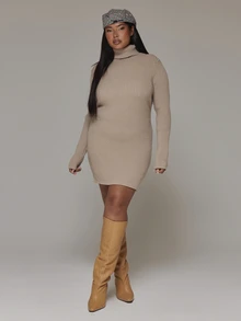 MUSERA Plus Size Beige Ribbed Turtleneck Knit Mini Sweater Dress Spring Summer Casual Everyday Day Outfit Going Out - Camel - View 3
