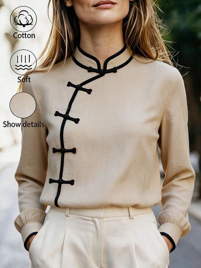 Balvessa Women's Casual New Chinese Style Frog Button Design Contrast Trim Long Sleeve Shirt
