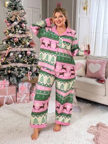 Slumberry CURVE Christmas Cute Reindeer Christmas Tree Snowflake Island Print Open Front Long Sleeve Plus Size Pajama Set - Multicolor - View 3