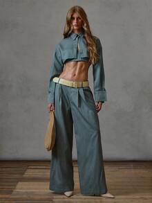 MUSERA Quần ống rộng xếp ly kẻ sọc phong cách may đo, mặc thường ngày casual mùa thu đông, đi học - xanh quân đội - Xem 1