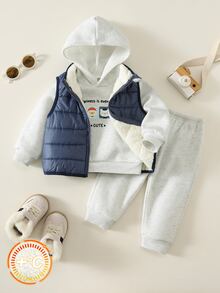 SHEIN 3件組男嬰秋冬圓領長袖套頭衛衣、無袖背心、鬆緊腰長褲套裝，可愛嬰幼兒外穿套裝 - 彩色 - 查看 7