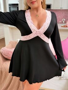 Slumberry CURVE Plus Size Women Lace Patchwork Sexy Casual Home Sleep Dress - Black - View 4