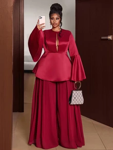 Maweii Plus Size Women's Vintage Solid Color Flare Long Sleeve Hollow V-Neck Chiffon Wide Leg Pants 2 Pieces Set Fall - Red - View 4