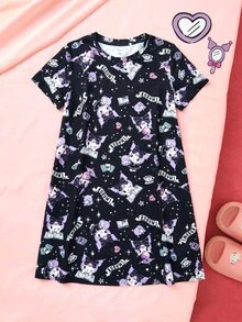 HELLO KITTY AND FRIENDS | SHEIN Tween Girl Cartoon Print Short Sleeve Loungewear Dress - Black - View 1