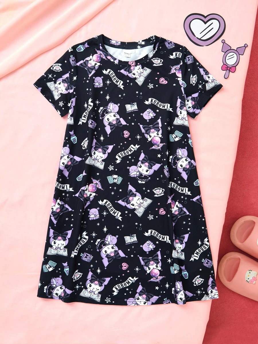 HELLO KITTY AND FRIENDS | SHEIN Tween Girl Cartoon Print Short Sleeve Loungewear Dress - Black - View 1