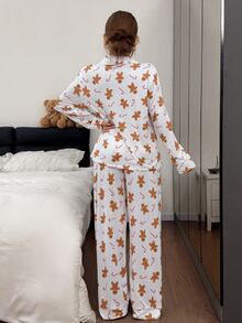 Napfluff Set Piyama Wanita Lengan Panjang dan Celana dengan Motif Permen Jahe Natal, Saku Kerah, Kancing Depan, dan Potongan Celana. - Putih - View 2