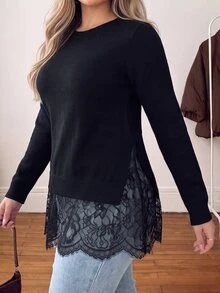 Vionelle Plus Size Women's Solid Color Minimalist Pullover Knit Sweater, Side Slit Lace Patchwork Hem Long Sleeve Lazy Sweater Winter - Black - View 3