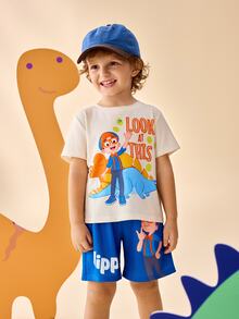 Blippi X SHEIN 小男孩卡通字母印花短袖圓領上衣與短褲套裝 - 彩色 - 查看 6
