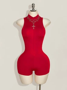 SHEIN ICON 女款後背拼接中國龍網紗背心連身褲 - 紅色 - 查看 2