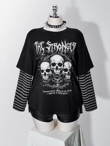 SHEIN ICON Women Plus Size Letter Skull Print Patchwork Striped 2 In 1 T-Shirt - Black - View 13
