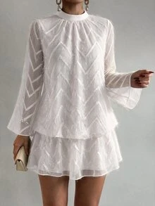 Flora Isola Flora Isola Women's Spring Summer Autumn Date Party Gathering Ball Jacquard Stand Collar Flared Sleeve Balloon Dress - White - View 2