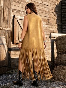 Ceyna Plus Size Beaded Tassel Sleeveless Jacket - Brown - View 2