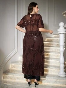 Reflora Plus Size Women's Solid Color Round Neck Short Sleeve Sequin Elegant Dress - Brown - View 2