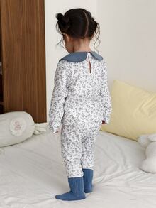DAZY Infant Girl Peter Pan Collar Casual All-Over Print Long Sleeve Korean Style Loungewear - Blue and White - View 2