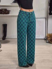 SHEIN Tall 女款迷彩水洗格紋直筒牛仔褲 - 彩色 - 查看 4