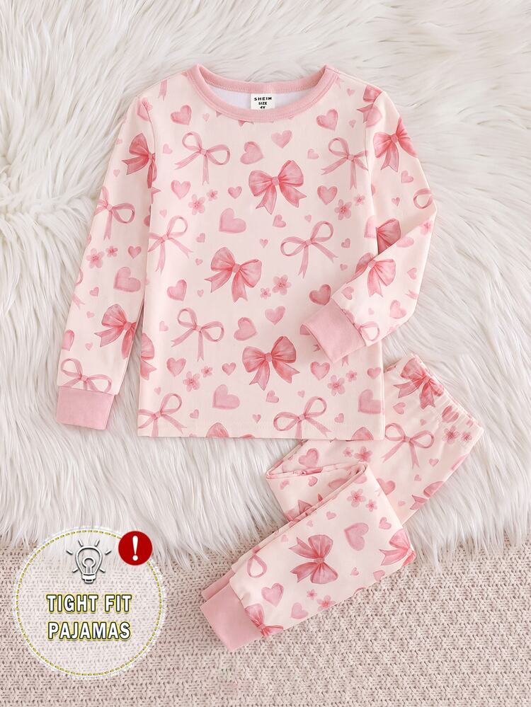 Set Piyama 2 Potong Gaya Kartun Manis untuk Anak Perempuan, Motif Pita Merah Muda, Hati, dan Bunga, Segar dan Imut, Kain Rajut Elastis, Nyaman dan Lembut, Atasan Lengan Panjang Leher Bulat dan Celana Panjang - MultiWarna - View 3