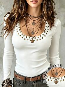 Glimmora Women's Vintage Rhinestone U-Neck Long Sleeve T-Shirt, Casual Slim Fit Basic Ribbed Top, Daily Y2K Inner Layer Base Layer - White - View 1