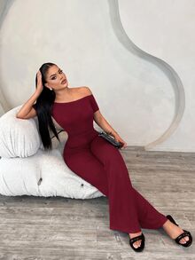 SHEIN SXY 女款純色優雅性感露肩連身褲 街頭風 派對晚餐穿搭 酒紅色 夏季 - 酒紅色 - 查看 3
