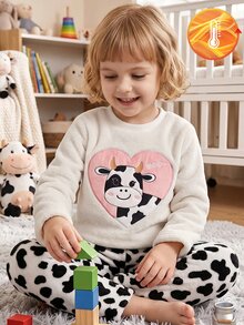 女童幼兒牛刺繡奶油白毛絨睡衣套裝，牛花紋毛絨長褲套頭睡衣家居服 - 彩色 - 查看 9