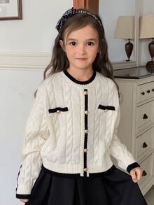 DAZY Tween Girl Round Neck Colorblock Long Sleeve Autumn/Winter Fashion Knit Cardigan - Apricot - View 6