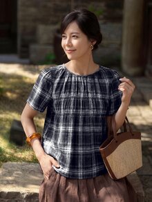 Yumoku 女款休閒夏季格紋短袖襯衫 - 藏蓝色 - 查看 4