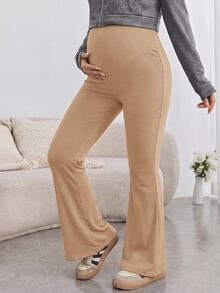 SHEIN Maternity Solid Color Adjustable Waist Casual Flare Pants Fall - Khaki - View 2