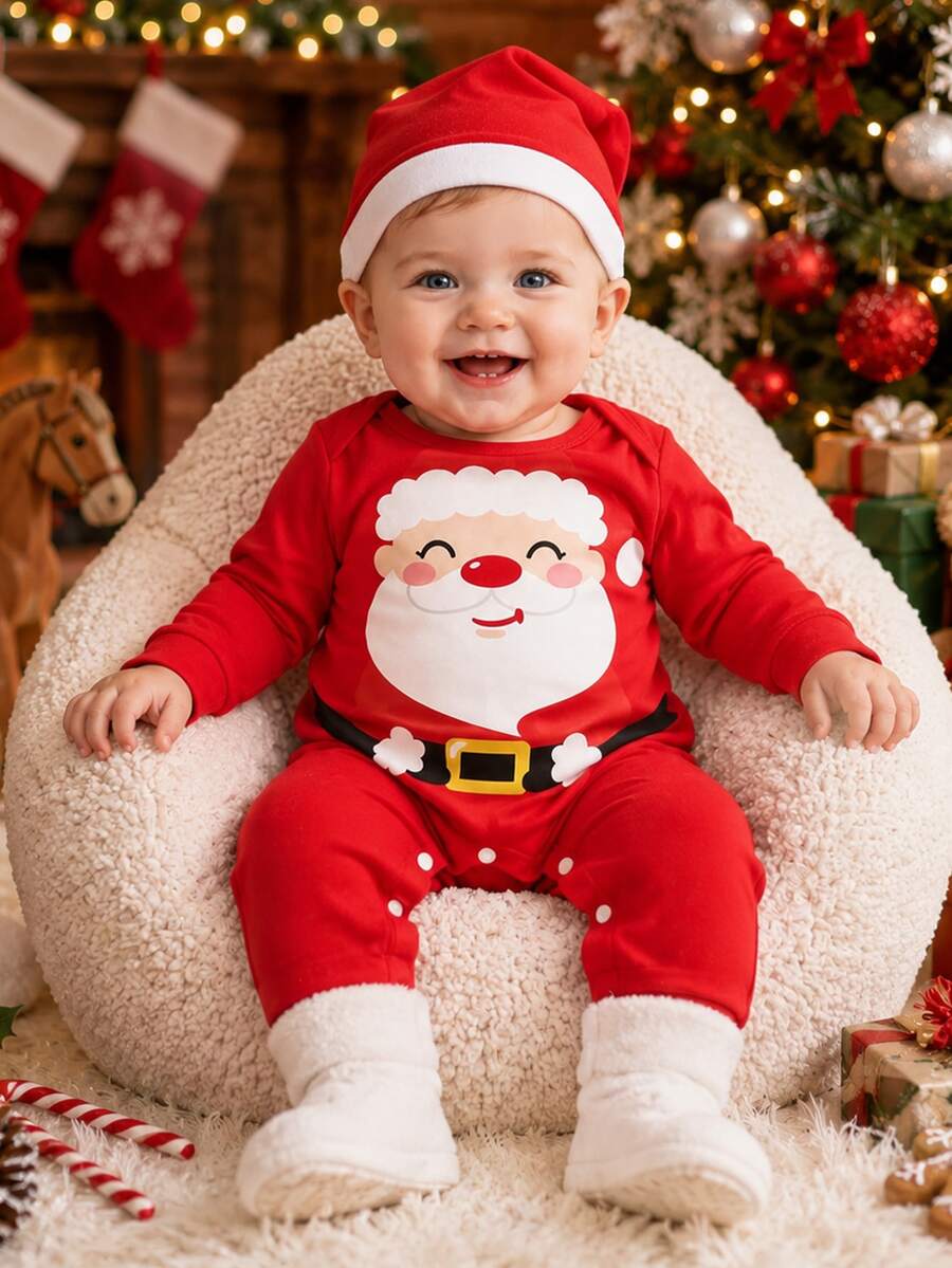 嬰兒(男童)聖誕長袖連身衣,節慶紅色,身上印有可愛微笑聖誕老人圖案。褲襠處設有一排按扣方便更換尿布;搭配紅邊白帽簷的聖誕帽,柔軟親膚面料,充滿節日氣氛 - 彩色 - 查看 1