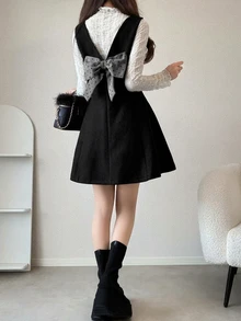 FRIFUL 女款甜美波點蝴蝶結裝飾迷你洋裝 - 黑色 - 查看 4