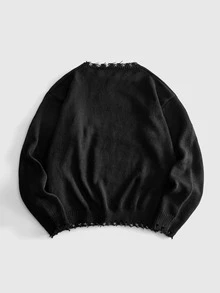 ROMWE MEN Street Life Men's Dark Iron Head & Nail Jacquard Knit Sweater, Streetwear Style - Black - View 3
