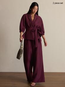 COSMINA Setelan Blus dan Celana Panjang Lengan Mengembang Warna Burgundy untuk Wanita, Pakaian Dua Potong Lengan 3/4 - Burgundy - View 4