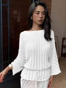 Yunfilé 女款夏季杏色透視蝙蝠袖針織上衣 - 白色 - 查看 7