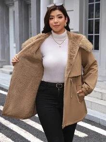 Comfylo Plus Size Women's Fur Collar Zipper Pocket Design Winter Jacket - Brown - View 10