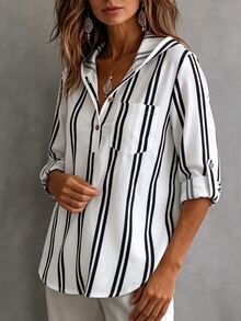 EMERY ROSE Plus Size Women's Striped V-Neck Long Sleeve Hooded Casual Shirt, Designed For Autumn/Winter, Vacation, Outings, Commuting And Other Occasions - Multicolor - View 3
