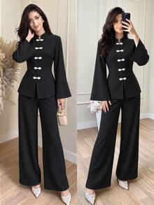 Modelyn Spring/Summer Women's 2 Pieces Set With Waist-Cinching Slimming Tie & Frog Button, Elegant Versatile Daily Commute Outfit - Black - View 5