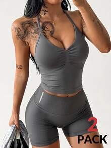 Coolane Women Seamless Ruched Yoga Set, Sports Bra Top & High Waist Biker Shorts - Grey - View 5