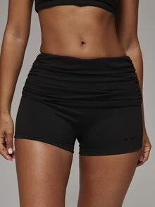 Musera Sport Fold Over Ruched Waist Soft Touch Fitted Sport Mini Shorts Sport Essentials Basics Gym Workout Autumn Fall Winter - Black - View 1