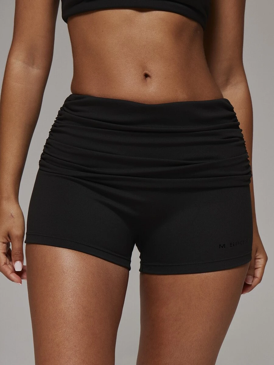 Musera Sport Fold Over Ruched Waist Soft Touch Fitted Sport Mini Shorts Sport Essentials Basics Gym Workout Autumn Fall Winter - Black - View 1