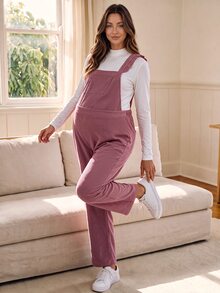SHEIN Maternity Corduroy Pink Straight Leg Overalls With Wide Strap Frill Trim Front Pockets Adjustable Back Buckles Cute Loose Fit Casual Fall - Pink - View 6