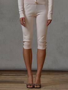 MUSERA Cream Knit Button Detail Capri Pants Fall Winter Everyday Causal Going Out Cool Girl Festival Forces - Beige - View 3
