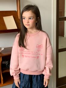 Dazy Kids Tween Girl) Loose Round Neck Bow Pullover Sweatshirt, Long Sleeve Basic Layering Top, Autumn/Winter - Pink - View 2