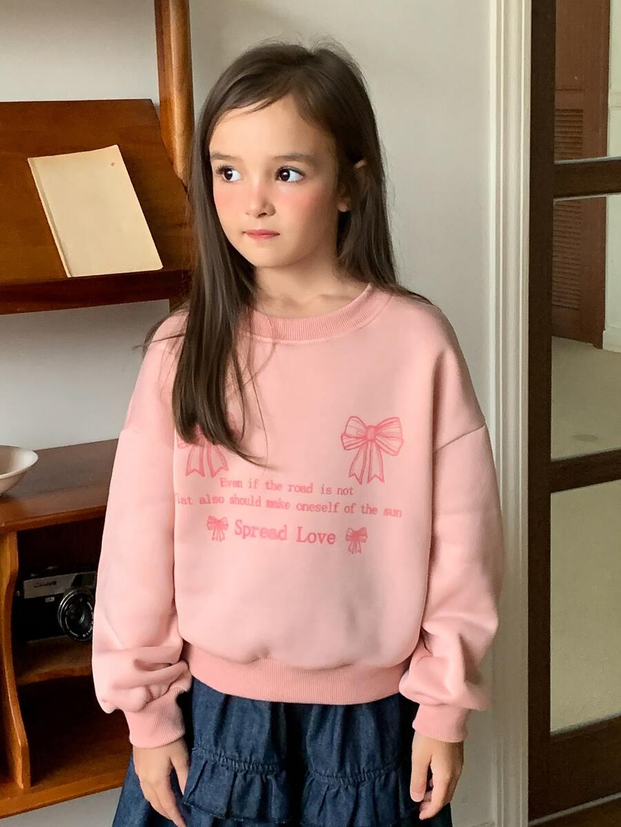 Dazy Kids Tween Girl) Loose Round Neck Bow Pullover Sweatshirt, Long Sleeve Basic Layering Top, Autumn/Winter - Pink - View 1