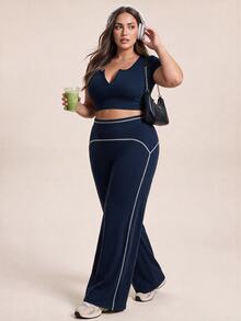 Dewbera Dewbera Women's Plus Size High Waist Wide Leg Loose Fit Sports Pants - Multicolor - View 2