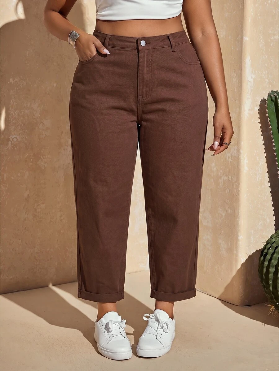 Slaydiva Plus Size Women Solid Color Fashion Casual Versatile Jeans - Coffee Brown - View 1