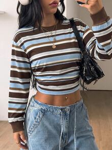 Coolane Women's Striped Crew Neck Drop Shoulder Long Sleeve Casual Cropped Sweatshirt - White - View 3