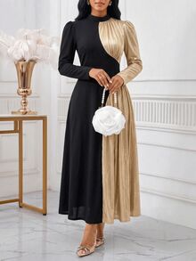 SHEIN Lady Gaun Elegan Wanita dengan Kerah Tegak dan Lengan Panjang Mengembang, Motif Blok Warna - Hitam - View 1