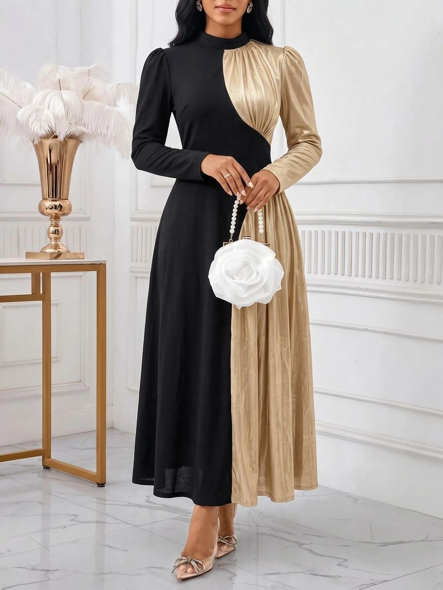 SHEIN Lady Women's Colorblock Stand Collar Puff Long Sleeve Elegant Dress - Black - View 1